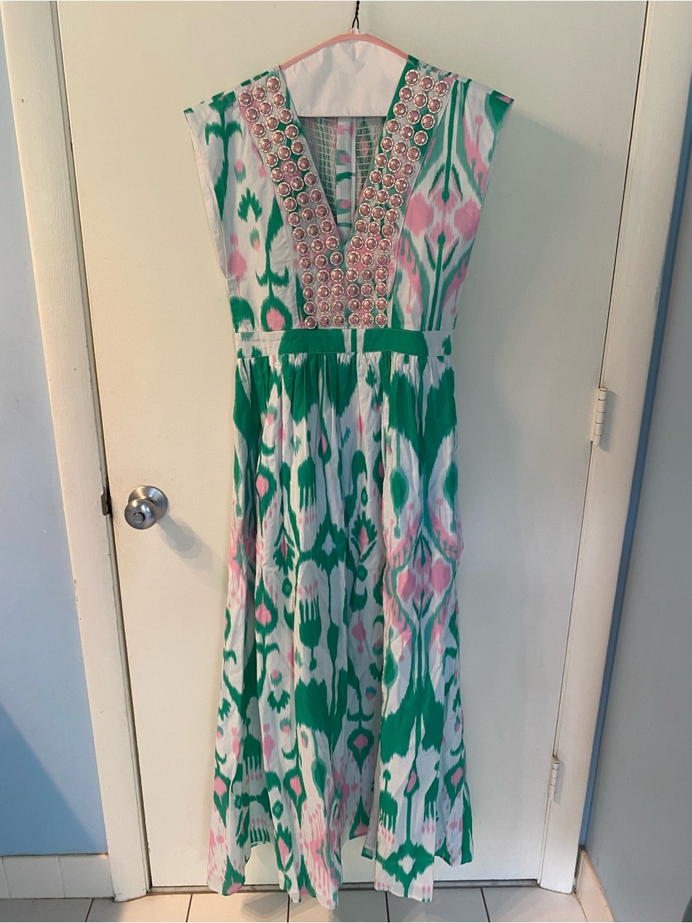 Sheridan French Maxi Dress Pink & Green Ikat Size XS